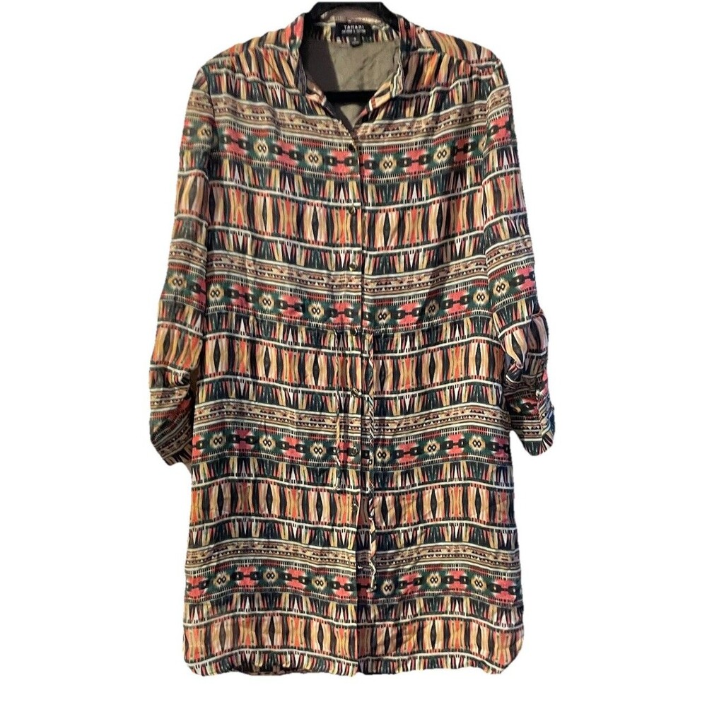 Tahari Arthur Levine Shirt Dress Southwestern Abstract Print Modest Size 4